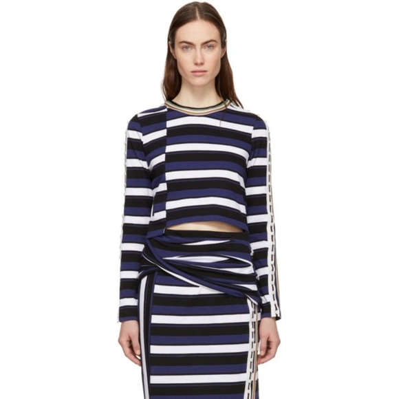 3.1 Phillip Lim Navy Cotton Striped Cropped T-Shirt size Medium - Picture 1 of 13